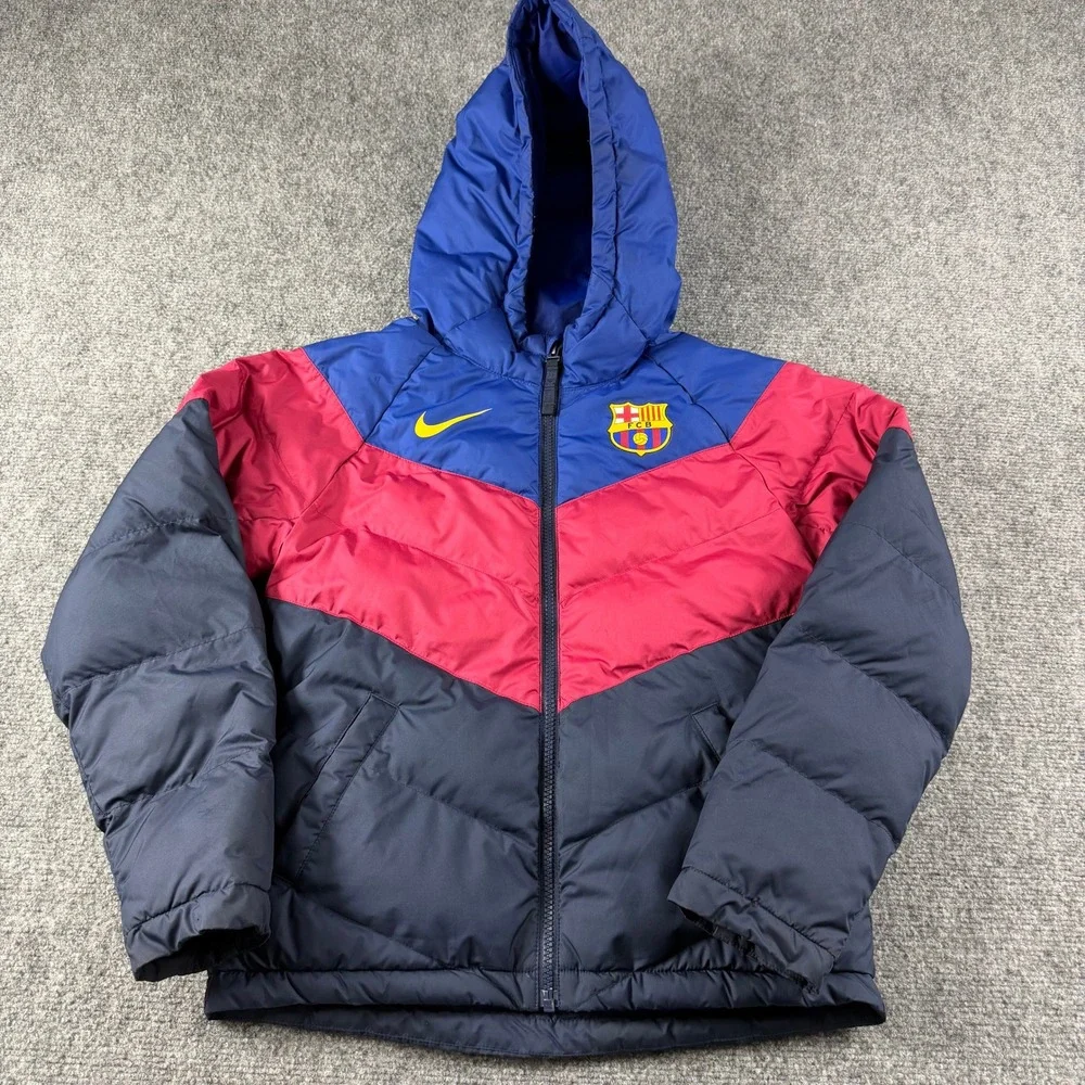 Nike Puffer Jacket Boys Medium Blue Red FC Barcelona Hooded DM0612-455 Soccer